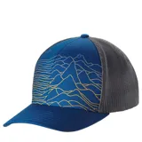Gorra de béisbol Columbia color beige con paneles traseros de malla azul marino y logo de la marca bordado en el frente.