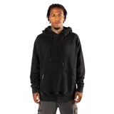 Canguro negro unisex con capucha, de corte oversize y efecto stone wash. Presenta un logo bordado en el pecho y un bolsillo tipo canguro.