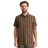 Camisa de manga corta con estampado a rayas verticales color marrón y beige, con bolsillo en el pecho.