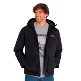 Chaqueta negra con capucha, cierre frontal con cremallera y solapa interior, bolsillos superiores en el pecho y bolsillos laterales inferiores. Tiene forro acolchado triangular y tres bolsillos interiores. Parche de silicona con el logotipo de Caterpillar en el pecho izquierdo.