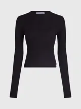 Remera negra de manga larga con cuello redondo y corte slim. Tejido de punto de canalé de algodón con elastano.