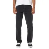 Pantalón de jean negro de corte recto, con cinco bolsillos y calce amplio en muslo y rodilla.