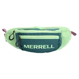 Riñonera verde agua y verde oscuro con el logo de Merrell estampado en el frente. Cuenta con panel trasero acolchado, cierre lateral con acceso al compartimento principal, cinturón de cadera acolchado con bolsillo con cremallera y correas de compresión.