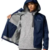 Cortaviento Columbia Evapouration II para hombre, color azul marino. Confeccionado en nylon 100% impermeable con tecnología Omni-Tech. Cuenta con capucha ajustable, cierre en las axilas para mayor transpirabilidad, puños ajustables y cordón en el dobladillo.