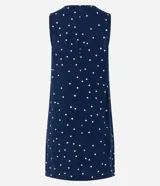 Vestido corto sin mangas, confeccionado en viscosa azul marino con estampado de lunares blancos.