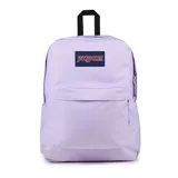 Mochila JanSport Superbreak color lila con logo de la marca en el frente, asa de mano superior y dos correas acolchadas ajustables para los hombros.