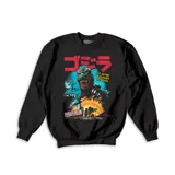 Buzo negro de algodón con estampado de Godzilla y texto en japonés.