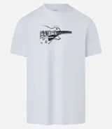 Remera blanca de corte recto y mangas cortas, con estampado de una guitarra eléctrica en el frente.