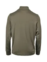 Buzo gris de poliéster reciclado y spandex, con cuello alto y cierre de cremallera hasta el pecho. Tiene mangas largas con orificios para los pulgares y logo de la marca en el pecho.