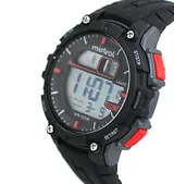Reloj Mistral deportivo digital, color negro con detalles en rojo, con correa de silicona y resistencia al agua 100m.