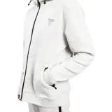 Campera gris melange con cierre frontal, capucha y bolsillos laterales con cierre. Tiene un logo pequeño en el pecho.