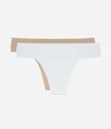 Kit de dos bombachas bikini hilo sin costuras, confeccionadas en poliamida, con lateral mediano. Incluye una bombacha color blanco y una color beige.
