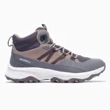 Bota de trekking Merrell Soren Mid para hombre, con capellada de ripstop en tonos gris, marrón y negro. Cuenta con múltiples cintas laterales que ofrecen soporte y sujeción al pie, funcionando también como pasadores para los cordones, garantizando un ajuste personalizado.