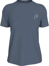 Remera azul de algodón con logo bordado de Calvin Klein en el pecho. Corte regular, cuello redondo y mangas cortas.