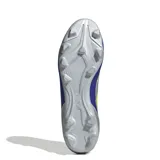 Championes de fútbol Adidas F50 Club FG Messi, unisex, color plateado con detalles en azul y amarillo.