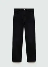 Pantalón de jean negro de corte recto, tiro alto y largo al tobillo.