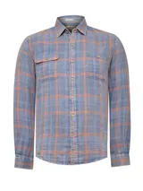 Camisa de manga larga RKF modelo Bradford, con patrón a cuadros en tonos marrón y beige. Cuenta con cuello camisero, cierre con botones, dos bolsillos en el pecho con tapeta y botón de madera, y corte modern fit.