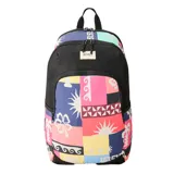 Mochila Rip Curl modelo Ozone 2.0 con capacidad de 30 litros. Presenta un diseño multicolor con estampado de motivos tropicales como flores de hibisco, soles y palmeras en estilo patchwork sobre una base negra. Cuenta con un compartimento principal amplio, un bolsillo frontal con cierre, bolsillos laterales y correas ajustables acolchadas.