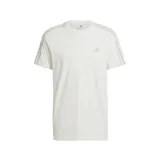 Remera blanca de algodón con cuello redondo y mangas cortas. Diseño clásico con tres franjas grises en los hombros y logo de Adidas bordado en el pecho.