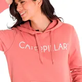 Buzo con capucha color salmón, con logo de Caterpillar estampado en blanco en el pecho y bolsillo tipo canguro.