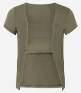 Blusa verde militar de poliéster y elastano, con cuello redondo, manga corta y espalda descubierta con tres tiras horizontales.