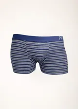 Pack de dos boxers de hombre, uno liso color azul y otro a rayas horizontales en tonos azul, gris y blanco. Ambos con cintura elástica con logo de la marca.