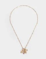 Collar dorado con cadena de eslabones y cierre de barra en forma de T. Incluye dijes colgantes: abeja, corazón, flor y cristal rosado.