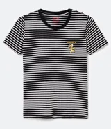 Blusa de viscolycra de rayas horizontales blancas y negras, con cuello redondo negro y mangas cortas. Estampado frontal del personaje Jerry de Tom y Jerry.