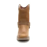 Bota corta Caterpillar color marrón, de cuero y gamuza encerada, con forro de malla de nylon, plantilla de espuma EVA y suela de goma.