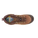 Bota de trabajo Caterpillar Ally de cuero color marrón, con puntera de material compuesto, suela antideslizante y entresuela de espuma Ease. Cuenta con protección contra riesgos eléctricos y es resistente al agua.