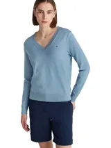 Sweater celeste de algodón orgánico con cuello en V y logo bordado en el pecho.