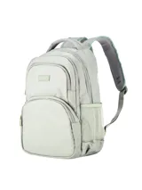 Mochila color verde militar con diseño moderno y funcional. Cuenta con un amplio compartimento principal con cierre reforzado, un bolsillo frontal grande y bolsillos laterales de red elástica. Las correas son ajustables y acolchadas, y la parte trasera y las tiras tienen material respirable.