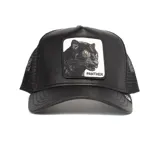 Gorra Goorin Bros tipo trucker color negro, con parche bordado de una pantera negra en el panel frontal.