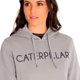Buzo con capucha color salmón, con logo de Caterpillar estampado en blanco en el pecho y bolsillo tipo canguro.