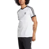 Remera Adidas de hombre, color blanco con cuello y mangas con borde azul marino. Presenta las tres rayas características de la marca en azul marino sobre los hombros y el logo bordado en el pecho.