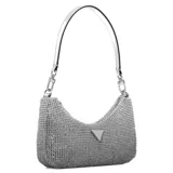 Cartera de mano plateada con textura metálica, correa de hombro desmontable y logo triangular metálico en el frente.
