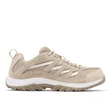 Zapatilla de trekking Columbia modelo Crestwood Waterproof, color beige claro (Ancient Fossil), con detalles en blanco. Presenta capellada combinada de cuero, malla y cintas, tecnología Omni-Tech impermeable y transpirable, entresuela TechLite para amortiguación y suela Omni-Grip para tracción.