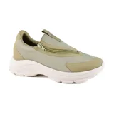 Championes deportivos Usaflex modelo Zoe, color verde oliva con detalles en beige y suela blanca. Presentan cierre con cremallera lateral.