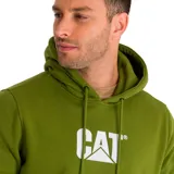Buzo canguro verde oliva con capucha ajustable y cordones, bolsillo frontal y logo CAT estampado en blanco en el pecho.