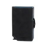 Billetera compacta marca Baleine, modelo Double Kansas, confeccionada en cuero genuino color azul. Posee un diseño funcional con doble caja de aluminio para tarjetas con sistema de deslizamiento por clip, sección para billetes y protección RFID.