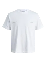 Camiseta de manga corta y cuello redondo, color blanco, con un estampado gráfico en la espalda que muestra una panorámica urbana con el texto "The Five Boroughs" y el logo de Jack & Jones.