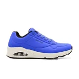 Zapatillas urbanas Skechers Street Uno - Stand on Air, color azul. Confeccionadas en cuero sintético liso y perforado, con cordones, plantilla Skechers Air Cooled Memory Foam y media suela con cámara de aire visible Skech-Air.