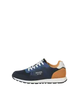 Championes Jack & Jones Arrow, color azul marino con detalles en azul claro y amarillo. Confeccionados en poliéster y poliuretano, con forro de mesh de poliéster, cierre de cordones y suela de goma EVA.