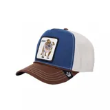 Gorra Goorin Bros con visera curva, color marrón, frente azul con parche bordado de un bulldog y parte trasera blanca de malla.