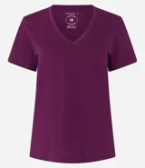 Remera básica de media malla color rosa, con escote en V y mangas cortas.