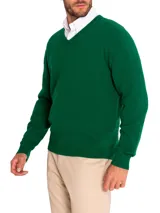 Sweater azul marino de lana con cuello en V.