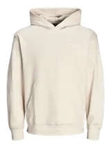 Hoodie con capucha color beige, de manga larga y corte relajado.