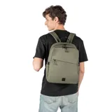 Mochila color verde militar confeccionada en símil cuero suave al tacto con acabado aterciopelado. Cuenta con acceso principal mediante cierre con deslizadores, interior amplio con dos compartimientos (uno acolchonado para notebook), bolsillo interno con cierre, dos bolsillos externos con cierre y dos bolsillos laterales sin cierre.
