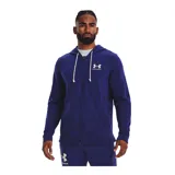 Campera Under Armour Rival Terry, color gris jaspeado, con cierre frontal completo, capucha con cordones ajustables y logo estampado en el pecho.