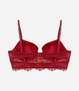 Soutien alargado de encaje floral color rojo, con breteles ajustables y doble cierre en la espalda.